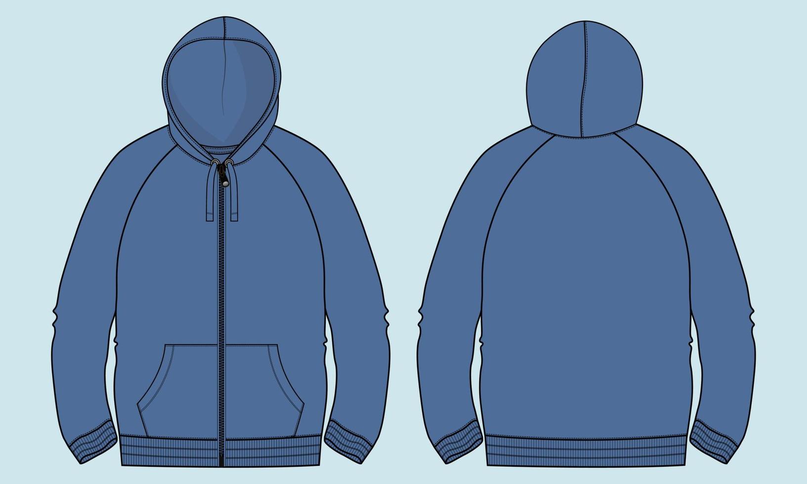 Long sleeve Hoodie technical fashion flat sketch vector illustration Navy blue Color template front and back views.