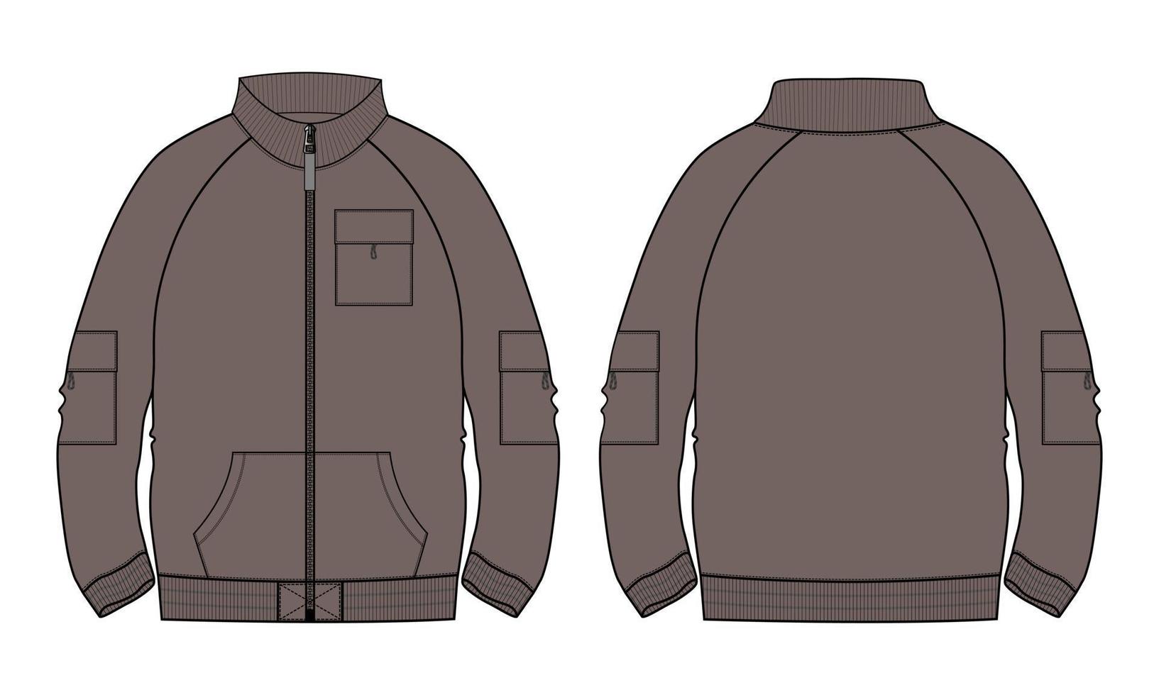 Long sleeve jacket  technical fashion flat sketch vector illustration Khaki Color template Front and back views.