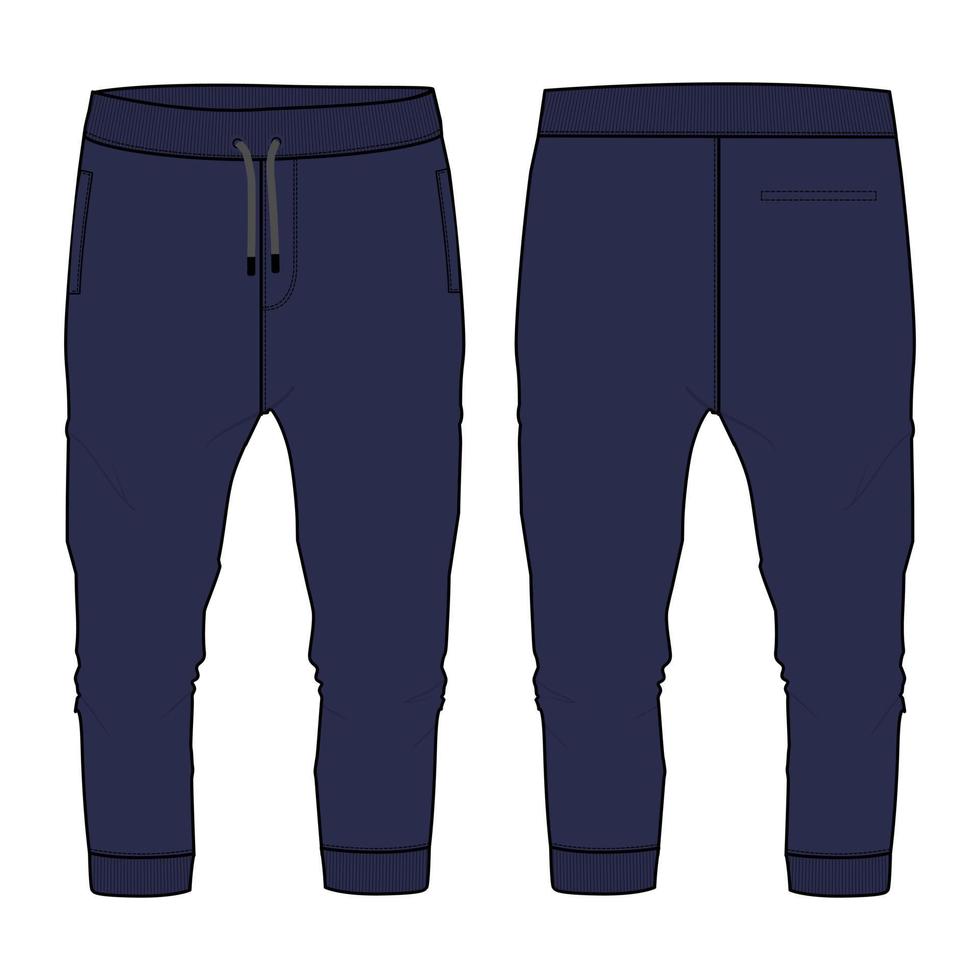 jersey de algodón de vellón jogger básico pantalón de chándal moda técnica croquis plano ilustración vectorial plantilla de color azul vistas frontal y posterior aisladas en fondo blanco. vector