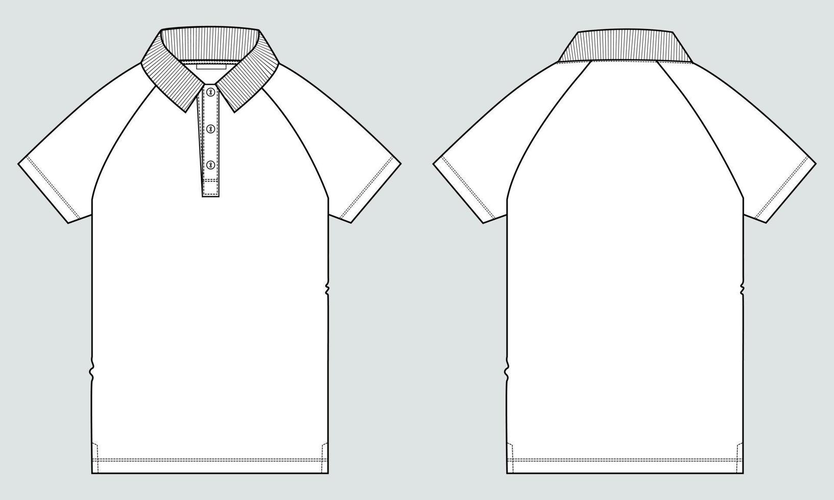 Vista frontal y posterior de la plantilla de ilustración vectorial de boceto plano de moda técnica de camiseta polo raglán de manga corta. vector