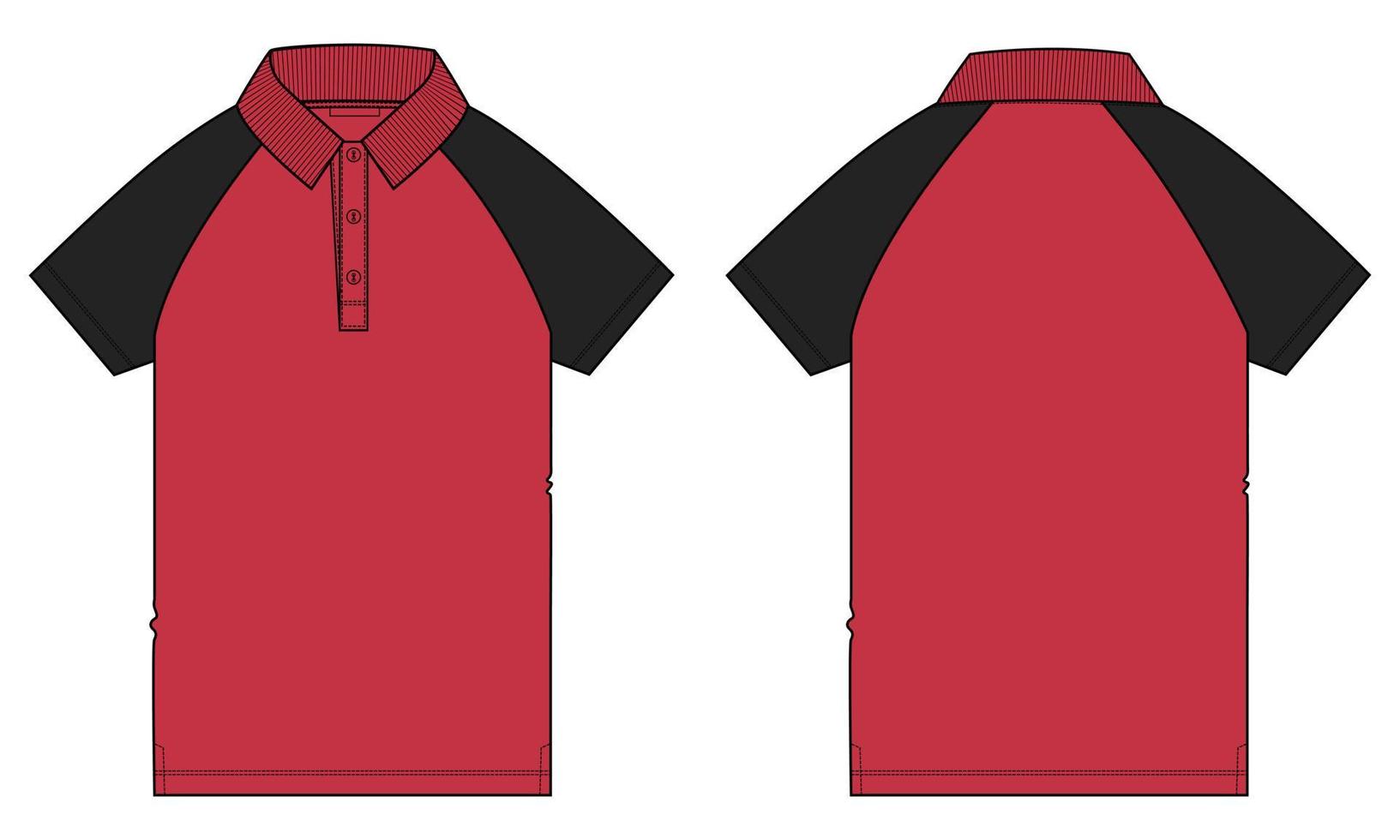 Dos tonos de color negro y rojo raglán manga corta polo camiseta moda técnica dibujo plano vector ilustración plantilla vistas frontal y posterior aisladas sobre fondo blanco.