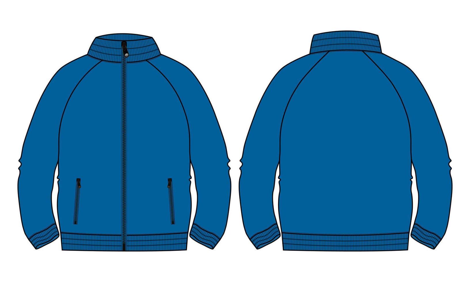 Long sleeve jacket with pocket and zipper technical fashion flat sketch vector illustration blue Color template. Fleece jersey sweatshirt jacket for men's and boys