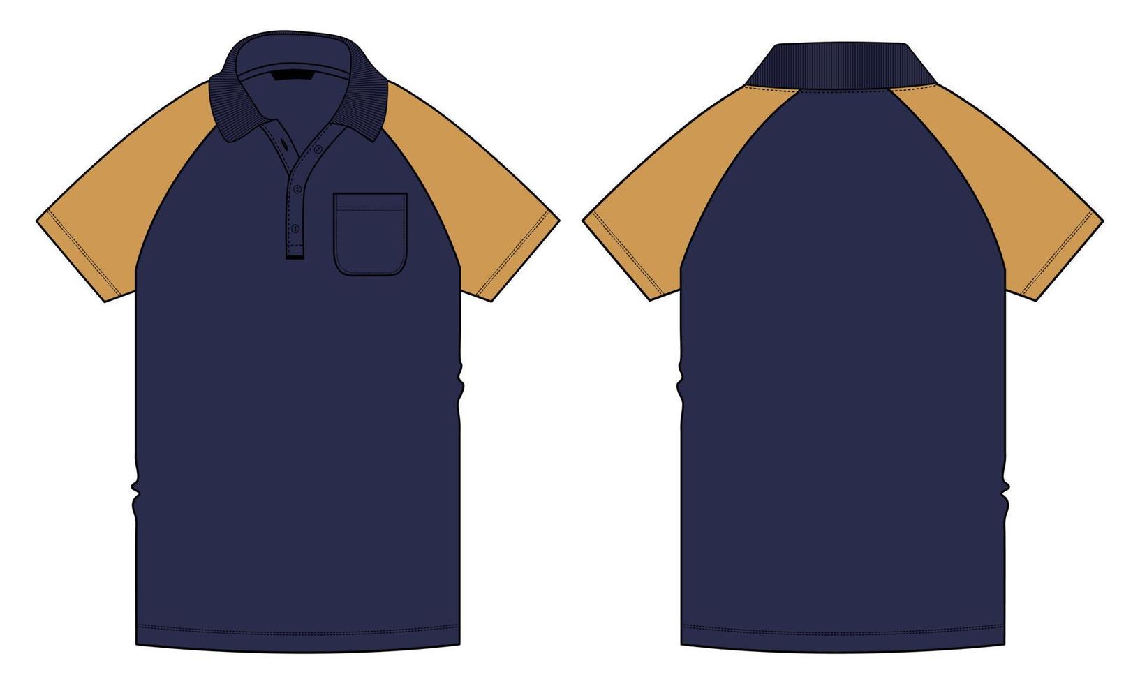 dos tonos azul marino y amarillo color raglán manga corta polo camisa moda técnica boceto plano vector ilustración plantilla vistas frontal y posterior aisladas sobre fondo blanco.