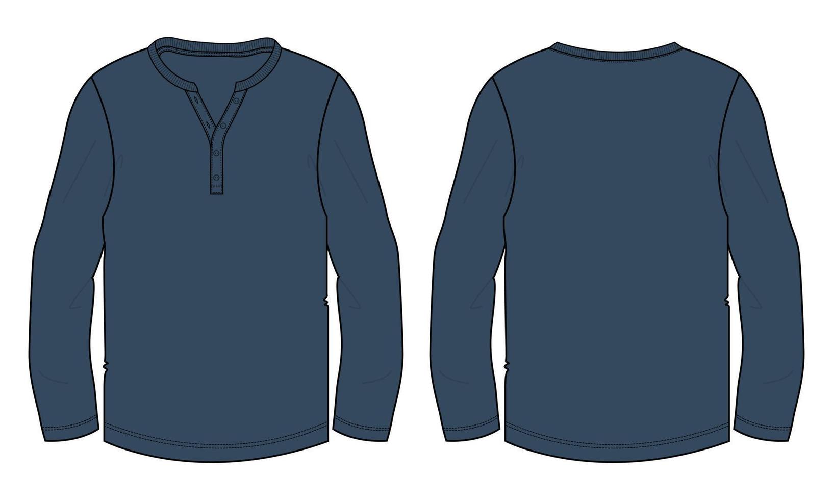 camiseta de manga larga moda técnica boceto plano ilustración vectorial plantilla de color azul marino vistas frontal y posterior vector