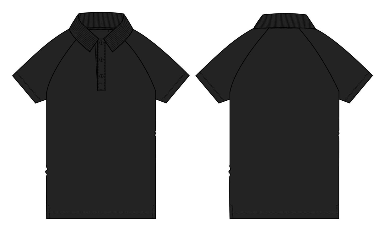 Camiseta polo raglán de manga corta técnica de moda dibujo plano ilustración vectorial plantilla de color negro vistas frontal y posterior. vector