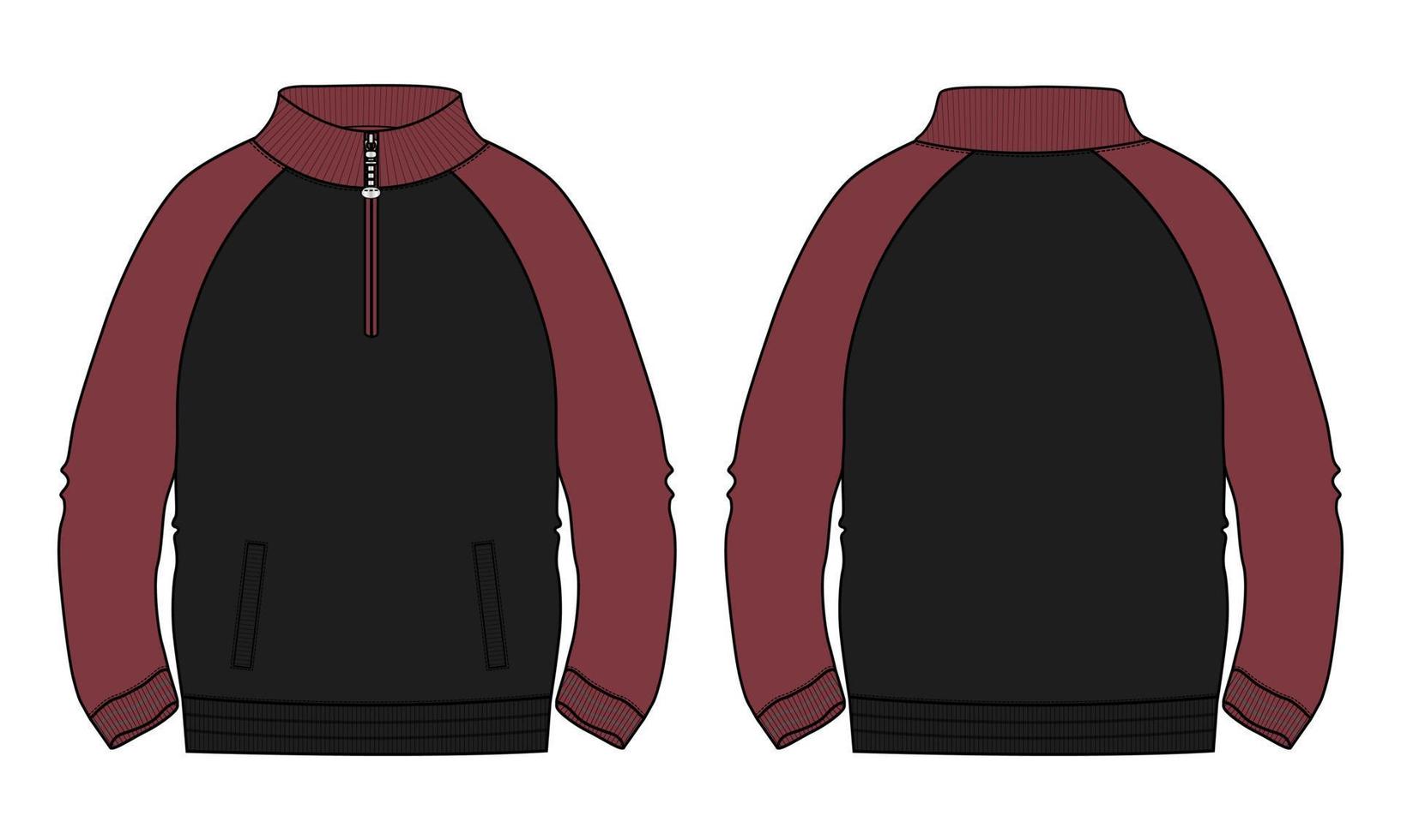 Two tone Red and Black Color Long sleeve jacket with pocket and zipper technical fashion flat sketch vector illustration template front, back views. Fleece jersey sweatshirt jacket for men's and boys