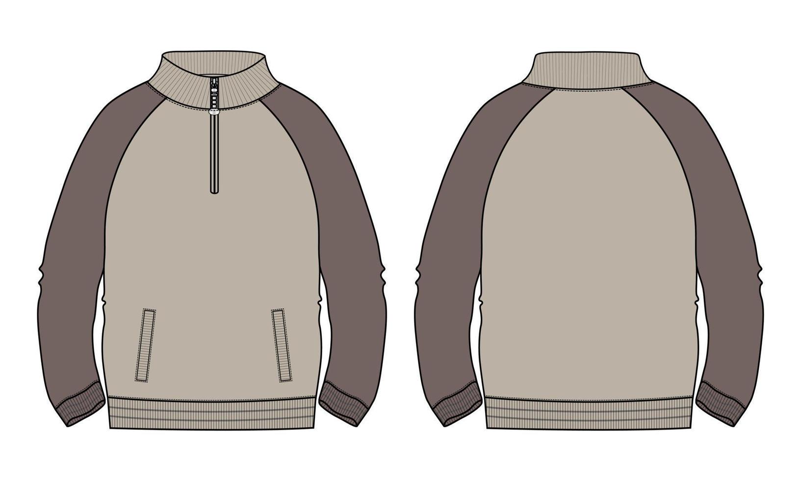 Two tone Khaki Color Long sleeve jacket with pocket and zipper technical fashion flat sketch vector illustration template. Fleece jersey sweatshirt jacket for men's and boys