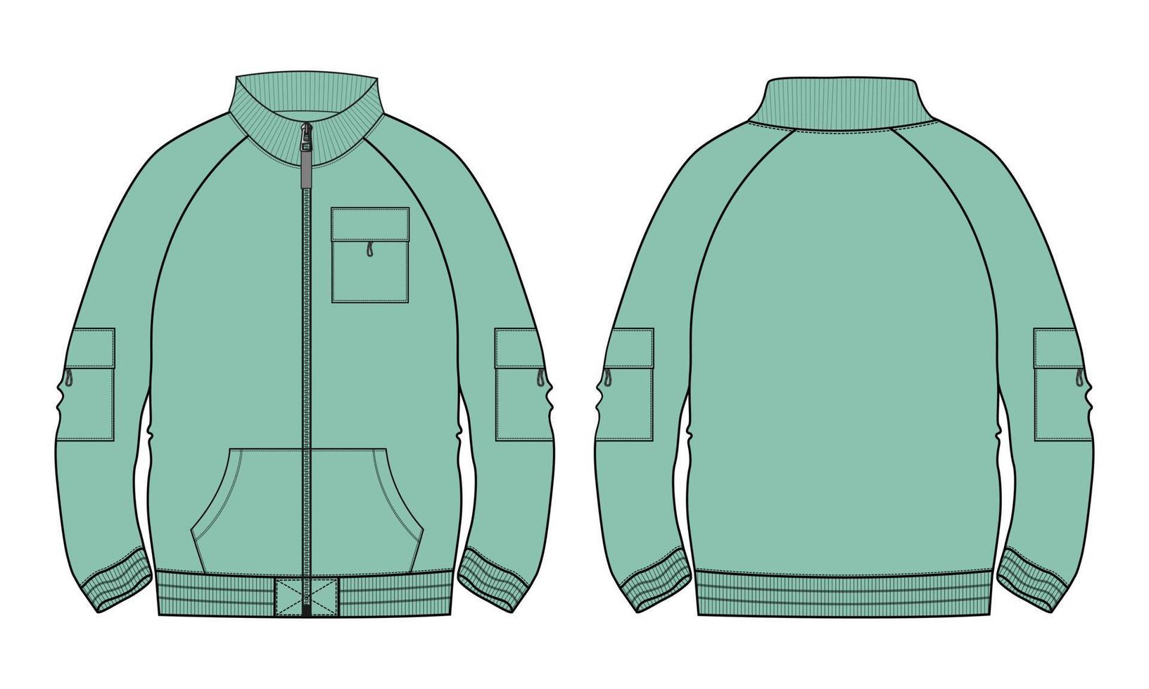 chaqueta de manga larga moda técnica boceto plano ilustración vectorial plantilla de color verde vistas frontal y posterior. vector
