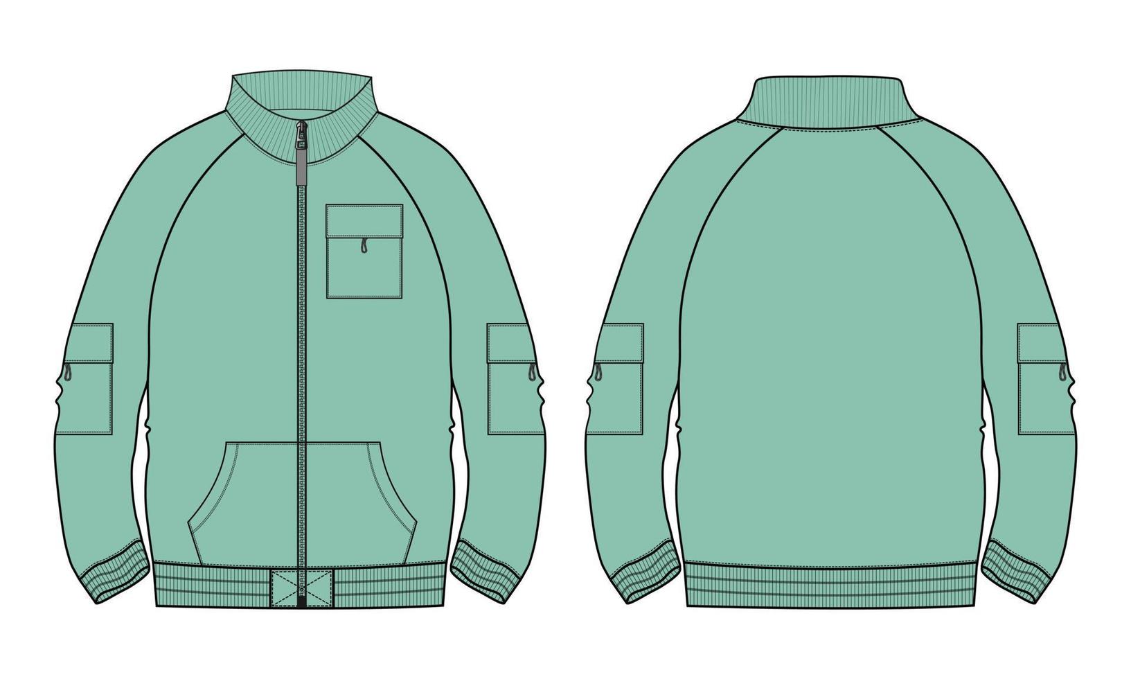 Long sleeve jacket technical fashion flat sketch vector illustration green Color template Front and back views.