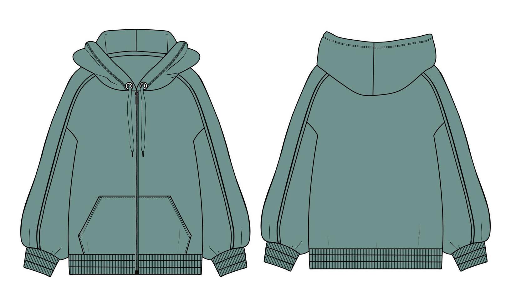 Long sleeve Hoodie technical fashion flat sketch vector illustration Green Color template front and back views.