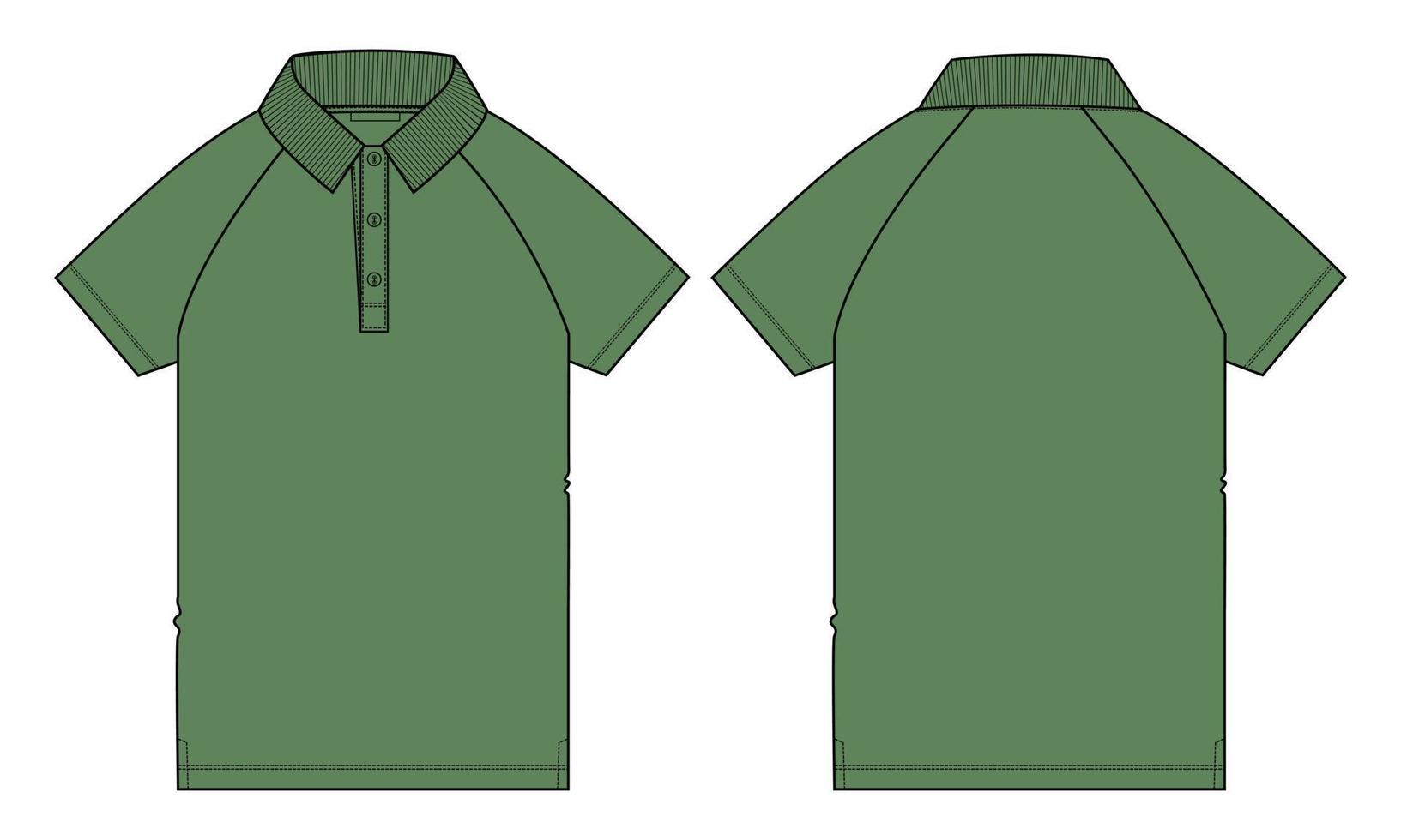 Camiseta polo raglán de manga corta técnica moda boceto plano ilustración vectorial plantilla de color verde vistas frontal y posterior. vector
