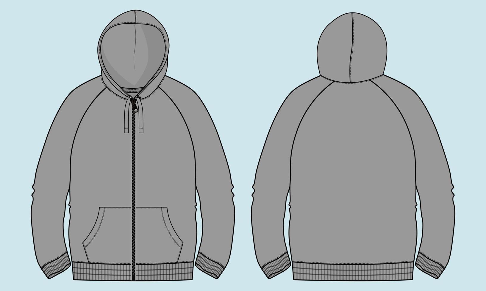 Long sleeve Hoodie technical fashion flat sketch vector illustration Grey Color template front and back views.