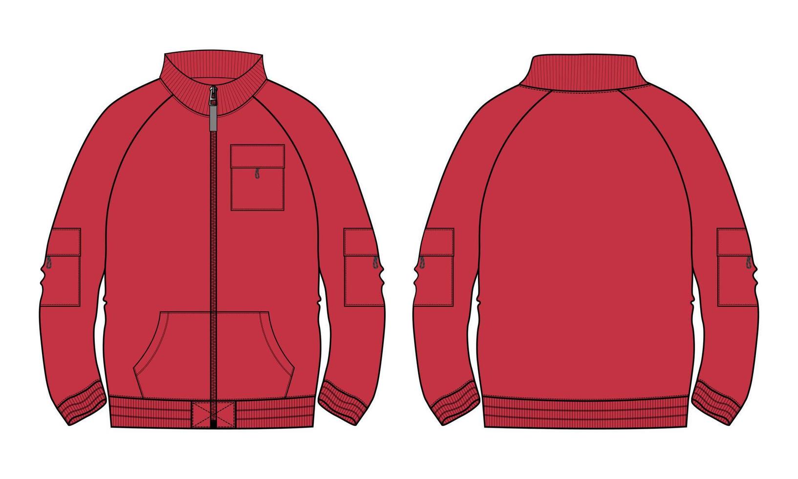 chaqueta de manga larga moda técnica boceto plano ilustración vectorial plantilla de color rojo vistas frontal y posterior. vector