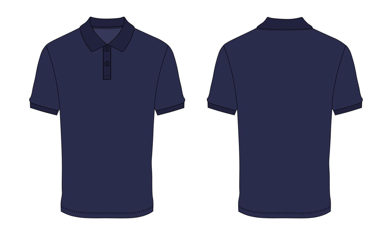 Short Sleeve Polo shirt Fashion Flat sketch vector illustration Navy color template Front And Back views isolated on white background.