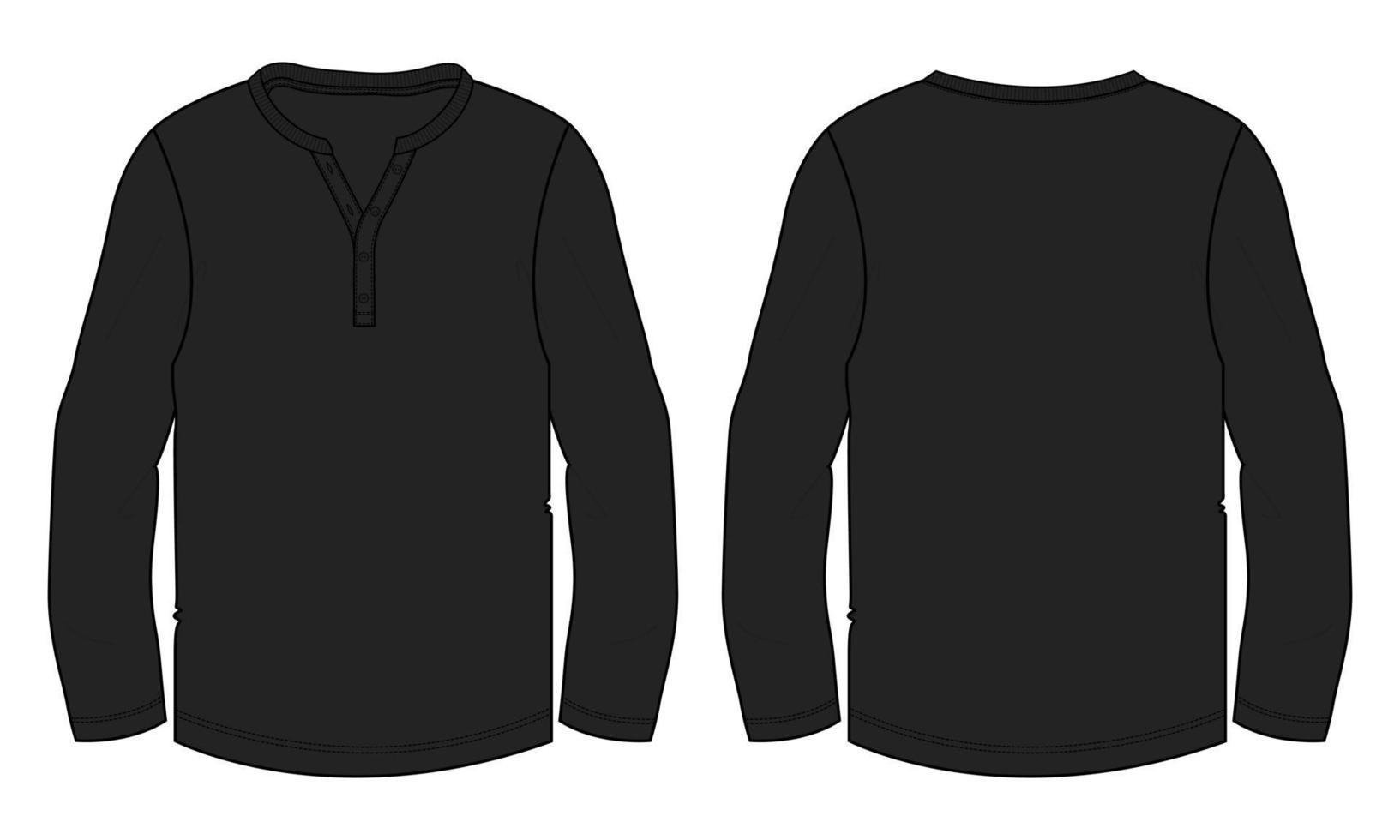 camiseta de manga larga moda técnica boceto plano ilustración vectorial plantilla negra plantilla vistas frontal y posterior vector