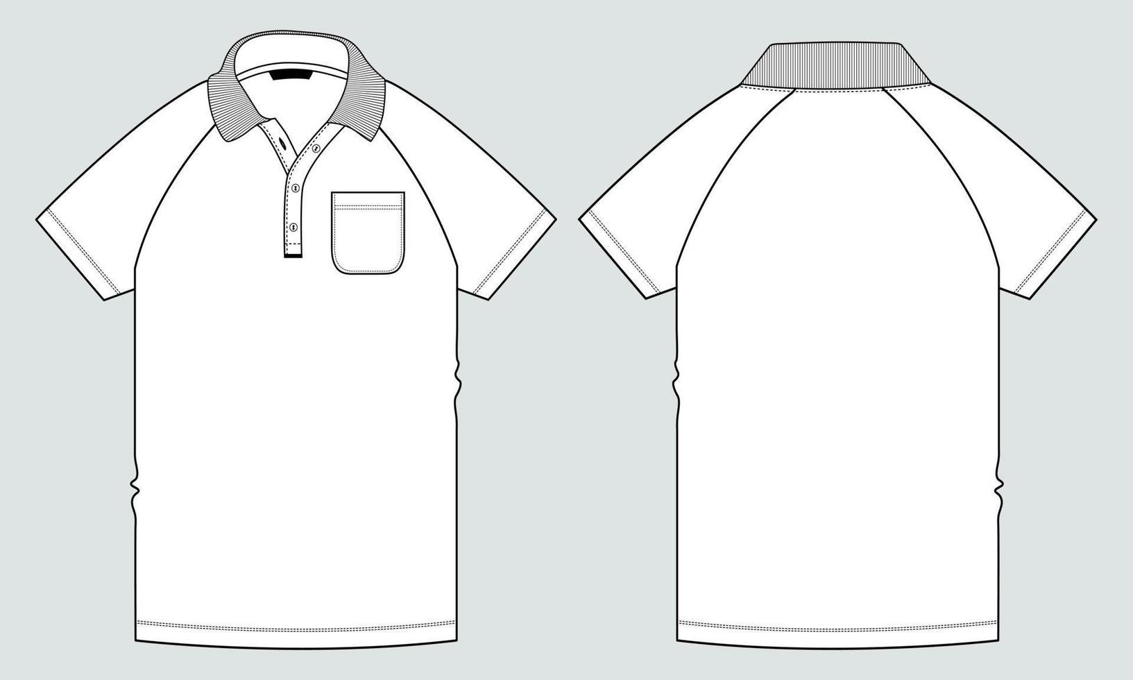 Vista frontal y posterior de la plantilla de ilustración vectorial de boceto plano de moda técnica de camiseta polo raglán de manga corta. vector