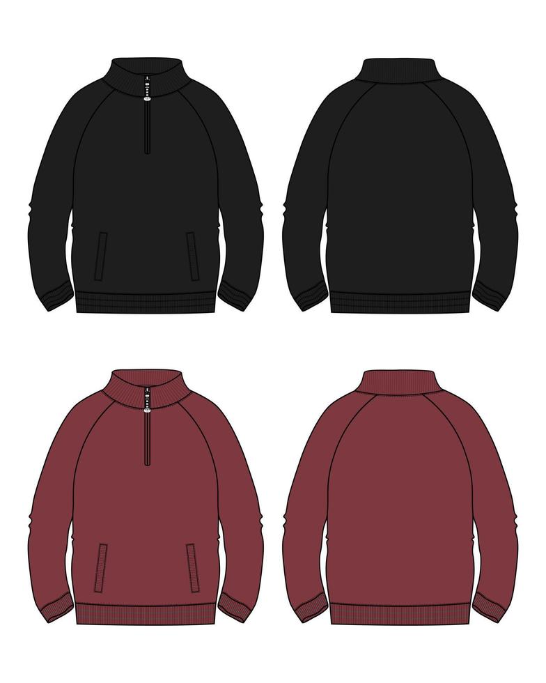 chaqueta de manga larga con bolsillo y cremallera técnica moda boceto plano ilustración vectorial plantilla de color negro y rojo vistas frontal y posterior. Chaqueta tipo sudadera de tejido polar para hombre y niño. vector