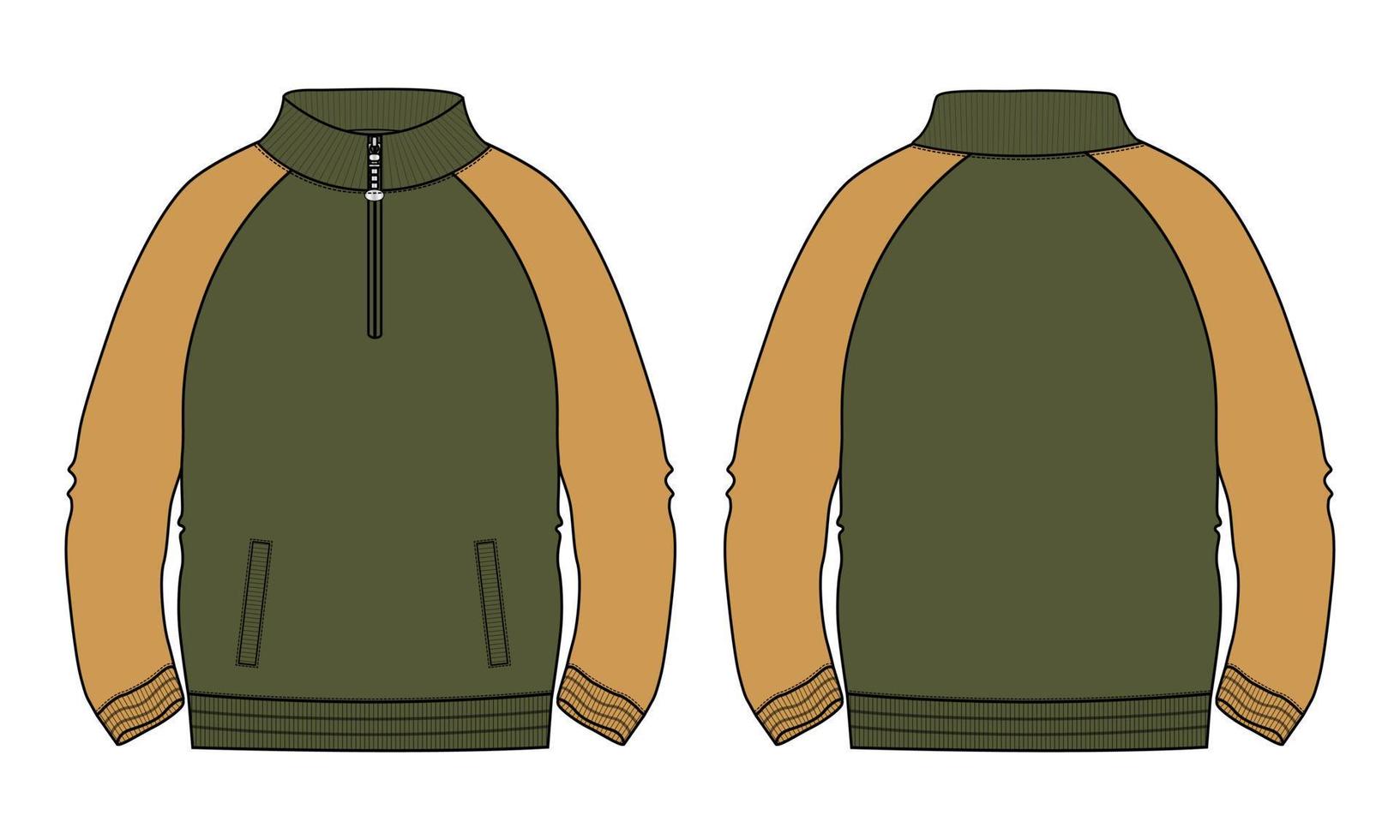 Two tone green and yellow Color Long sleeve jacket with pocket and zipper technical fashion flat sketch vector illustration template. Fleece jersey sweatshirt jacket for men's and boys