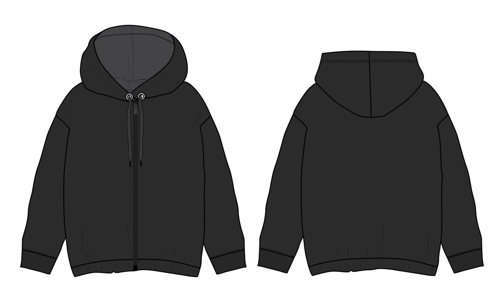 Long sleeve Hoodie technical fashion flat sketch vector illustration Black Color template front and back views.