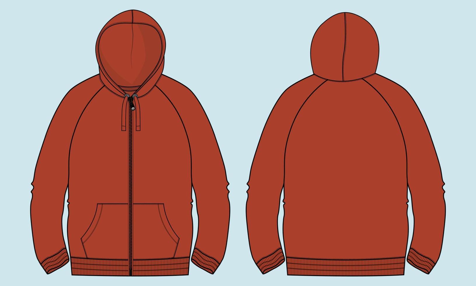 Long sleeve Hoodie technical fashion flat sketch vector illustration Red Color template front and back views.