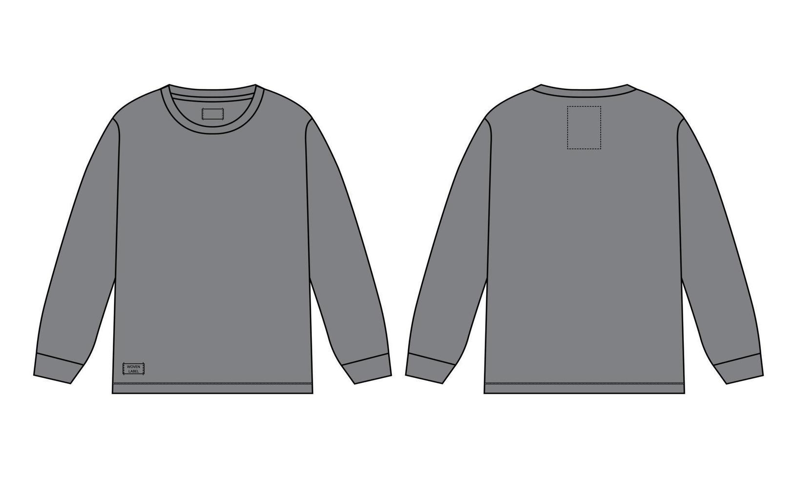 Long sleeve t shirt Technical Fashion flat sketch vector illustration Grey color template Template Front and back views Isolated on white background.