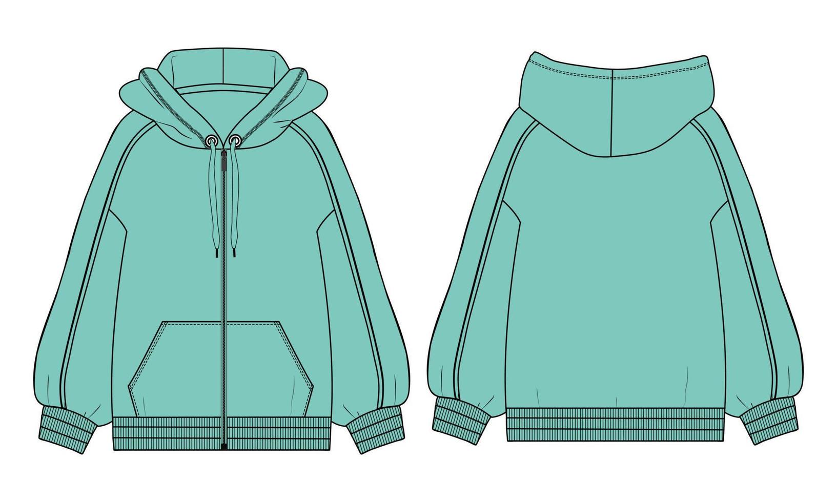 Long sleeve Hoodie technical fashion flat sketch vector illustration template front and back views.