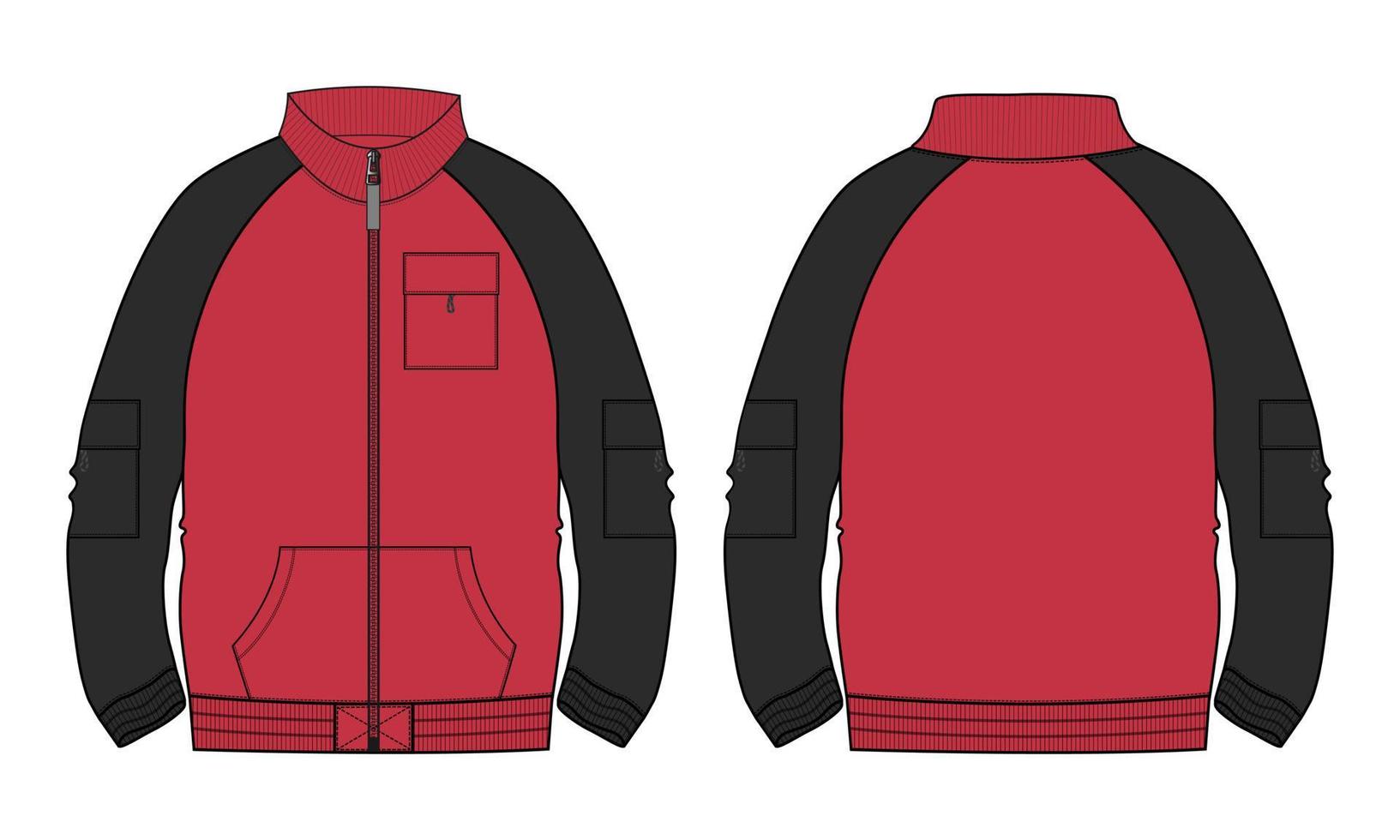chaqueta de manga larga de color rojo y negro de dos tonos vistas frontales y traseras de la plantilla de ilustración vectorial de boceto plano de moda técnica. vector
