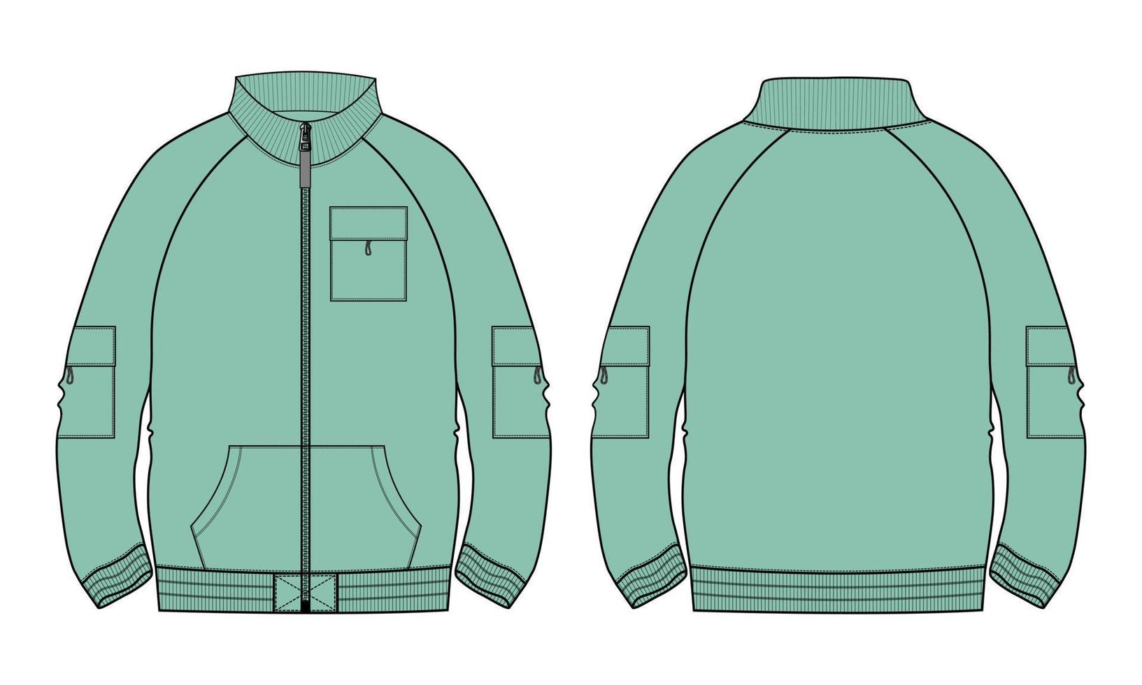 chaqueta de manga larga moda técnica boceto plano ilustración vectorial plantilla de color verde vistas frontal y posterior. vector