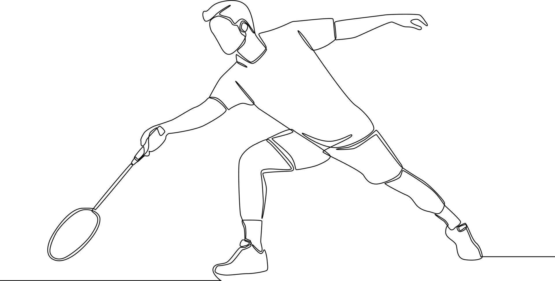 una sola línea continua dibujando a un jugador de bádminton con ropa deportiva alcanzando con un columpio de raqueta. concepto de ejercicio deportivo. ilustración vectorial de diseño de dibujo de una línea de moda para el torneo de bádminton. vector