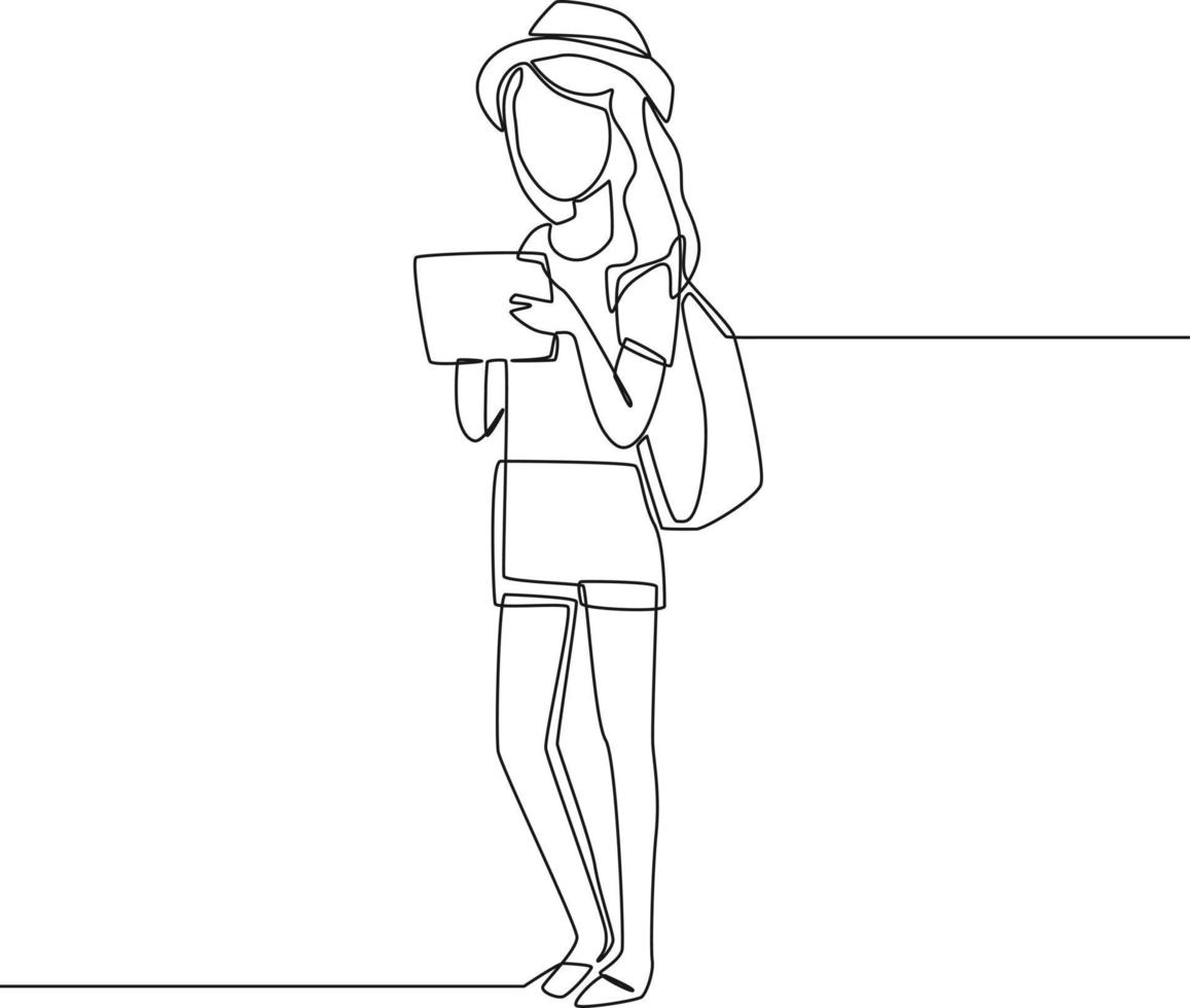 Continuous one line drawing Female tourist with travel hat and bag on back checking note about the destination. Happy travelling. Single line draw design vector graphic illustration.