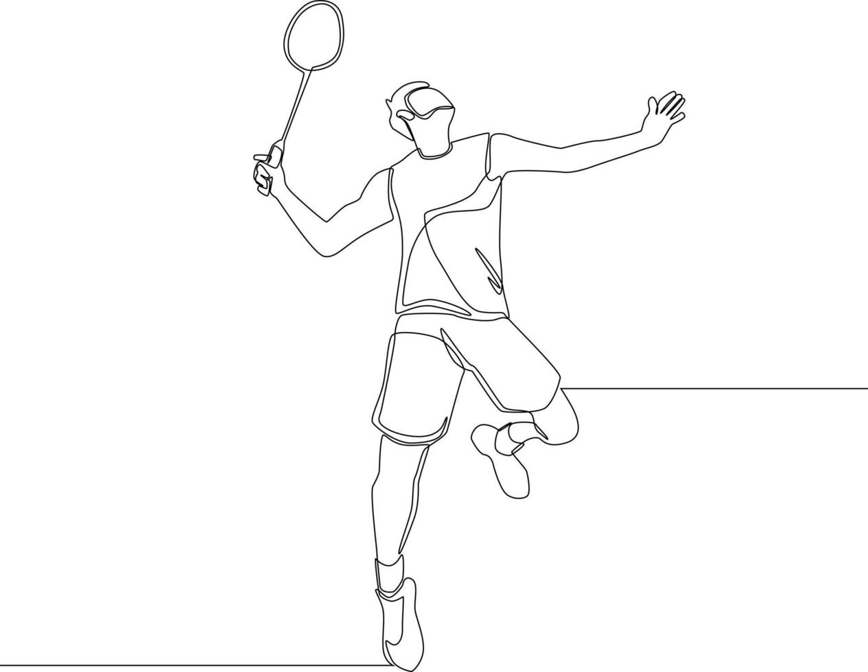 Single continuous line drawing a player badminton jumping and smash  the ball at game. Sport exercise concept. Trendy one line draw design vector illustration for badminton tournament.