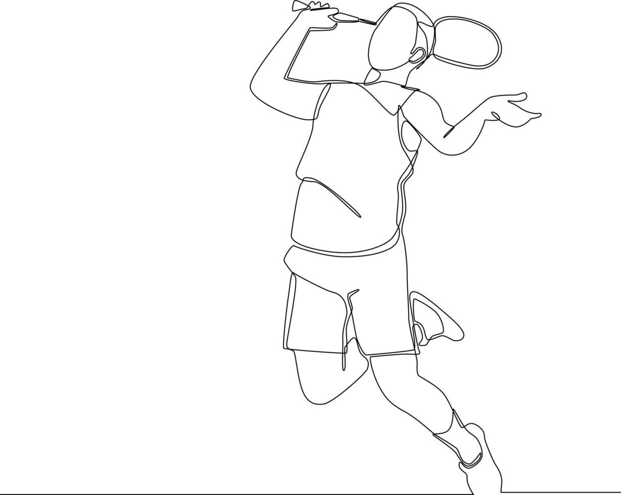 una sola línea continua dibujando a un jugador saltando de bádminton y rompiendo el volante en el juego. concepto de ejercicio deportivo. ilustración vectorial de diseño de dibujo de una línea de moda para el torneo de bádminton. vector