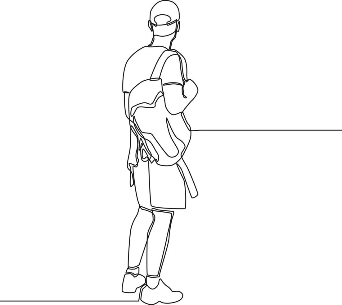 Continuous one line drawing Young traveling backpacker with cap. Happy travelling. Single line draw design vector graphic illustration.