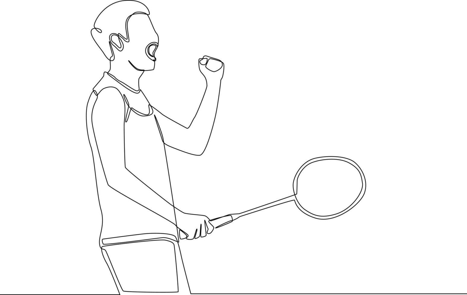 Continuous one line drawing Young man after playing badminton standing as winner. Single line draw design vector graphic illustration.
