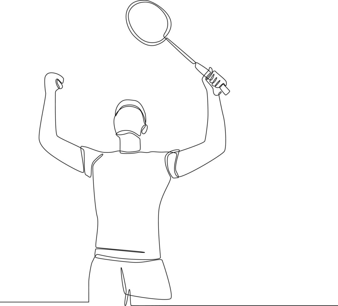 El jugador de bádminton de dibujo de una sola línea continua se alegra de haber ganado la competencia. ilustración de vector de diseño gráfico de dibujo de una línea.