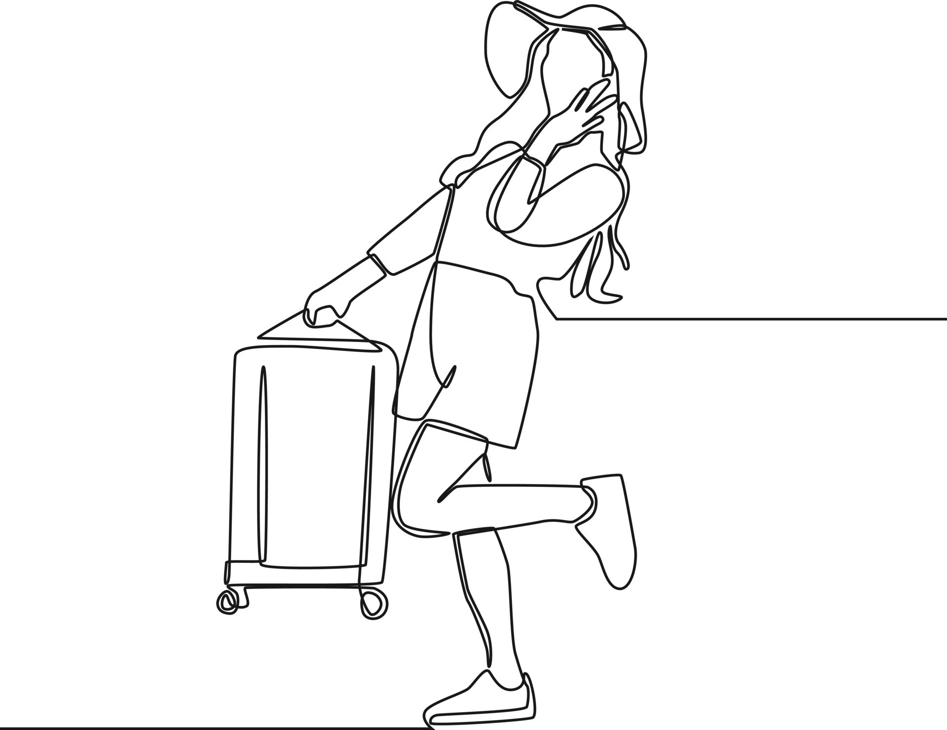 Continuous one line drawing Happy female tourist with travel hat and