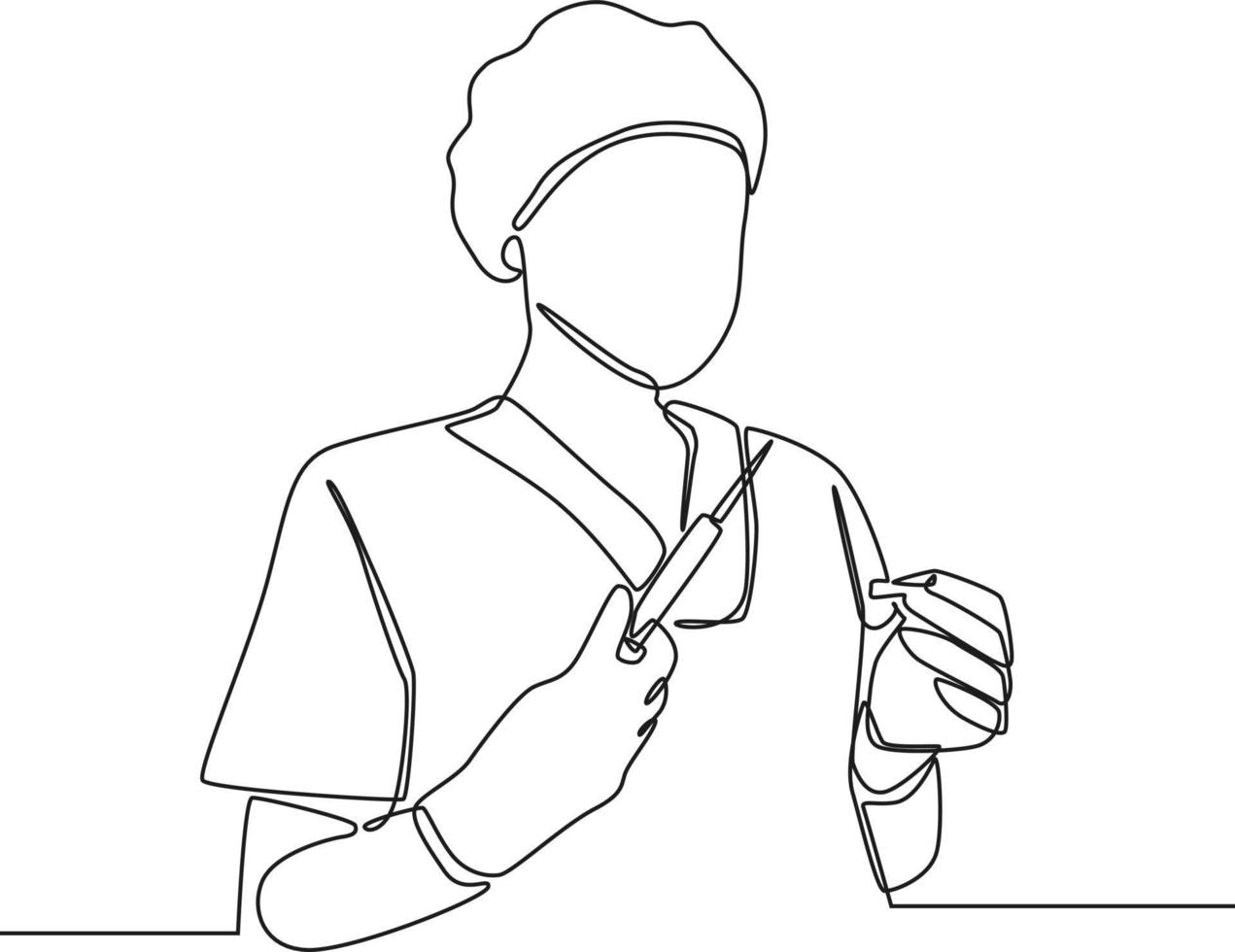 Continuous one line drawing Nurse hold syringe for patient. International nurses day. Single line draw design vector graphic illustration.