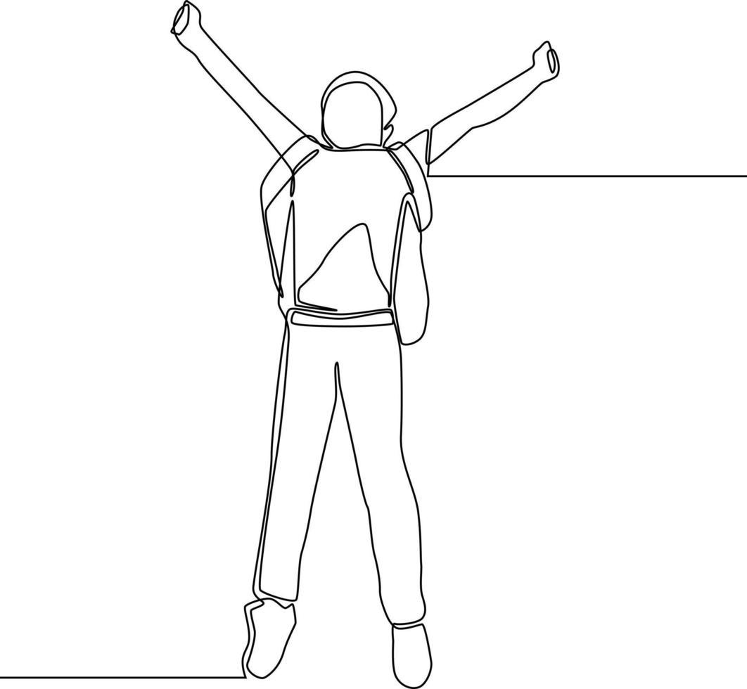 Single continuous line drawing of happy schoolboy style with bag and jump. End of school. Education concept one line draw design graphic vector illustration.