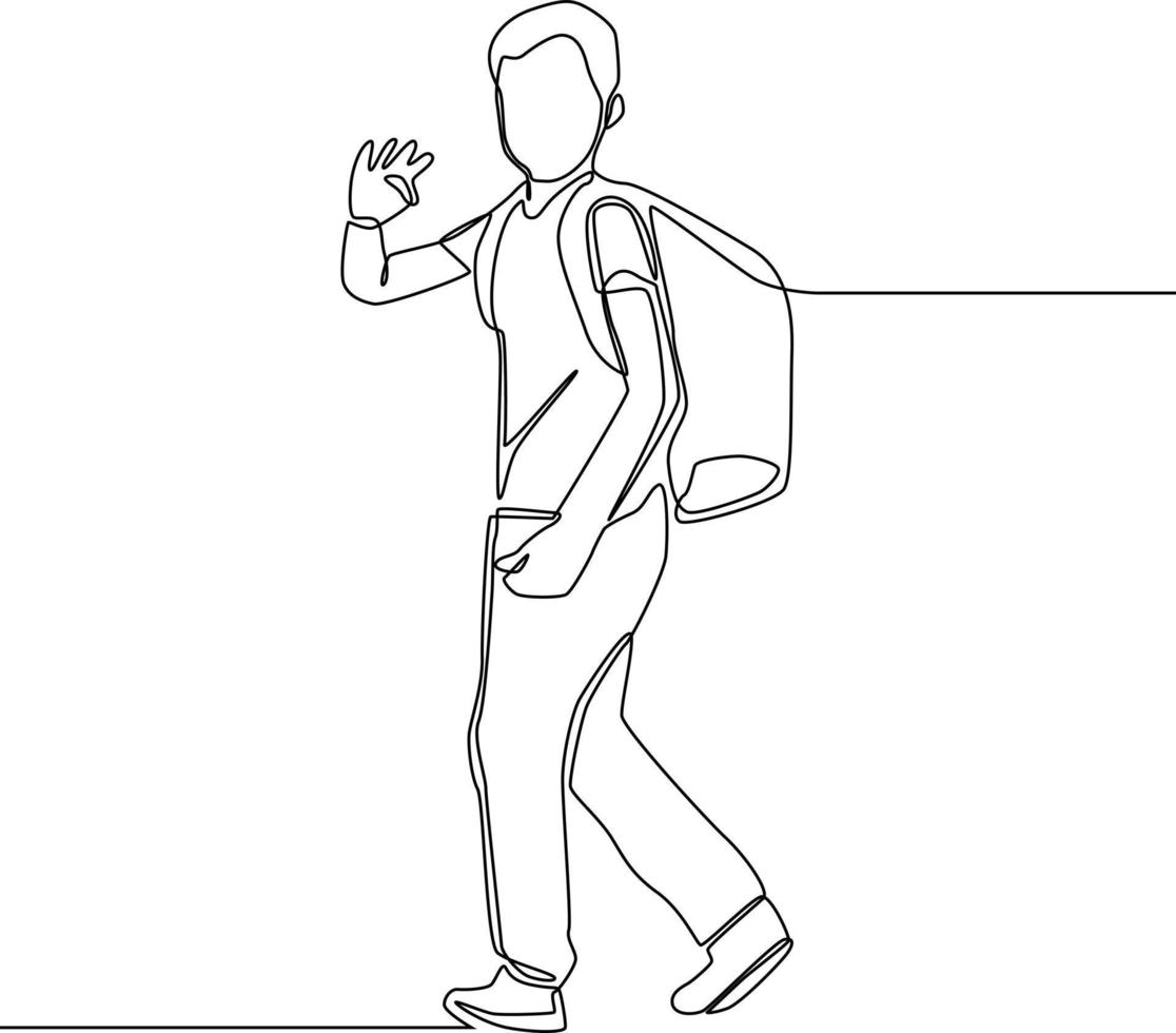 dibujo de una sola línea continua de un colegial con una bolsa que agita la mano para ir a la escuela. De vuelta a la escuela. concepto de educación una línea dibujar diseño gráfico vector ilustración.