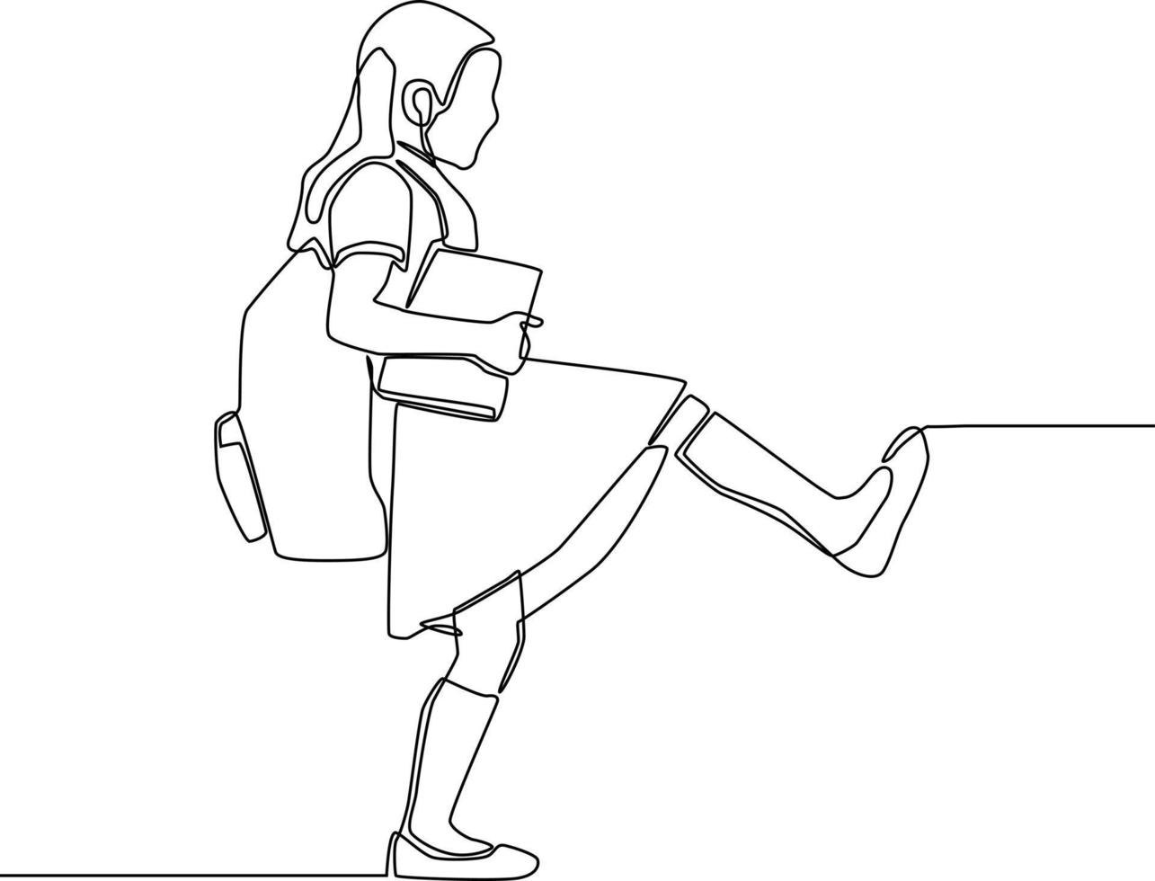 Single continuous line drawing of schoolgirl style with hold note and bag go to school. Education concept one line draw design graphic vector illustration.