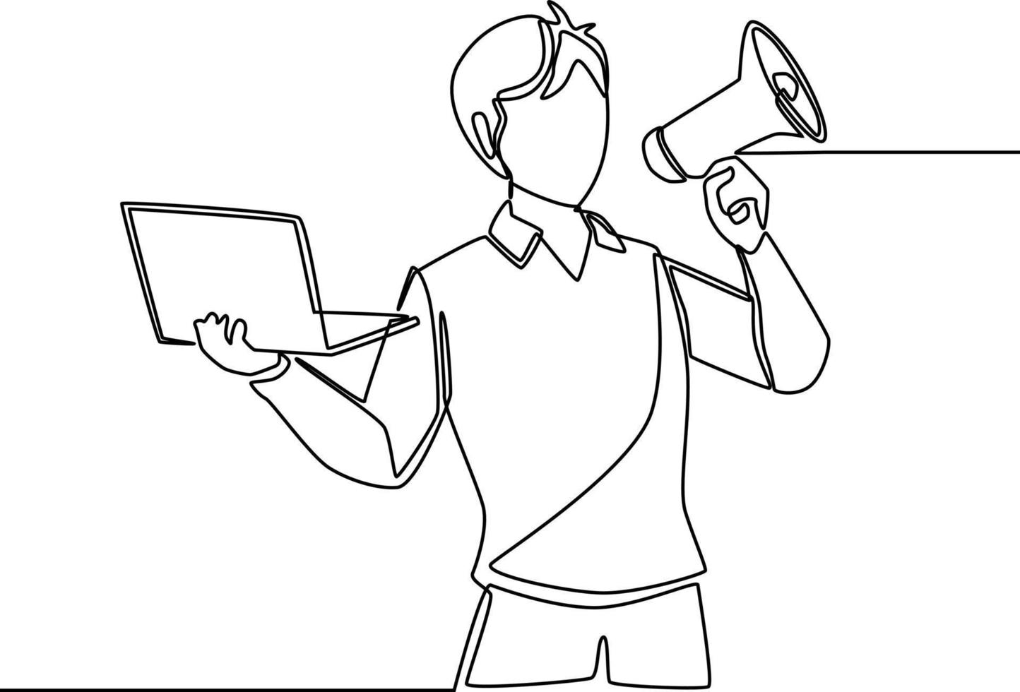 Continuous one line drawing young boy standing and holding laptop and megaphone to marketing offline. Digital marketing. Single line draw design vector graphic illustration.