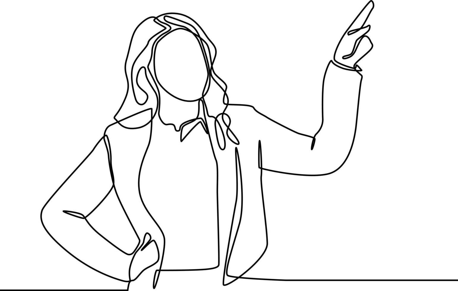 Continuous one line drawing business woman presenting hand style in a meeting. Single line draw design vector graphic illustration.