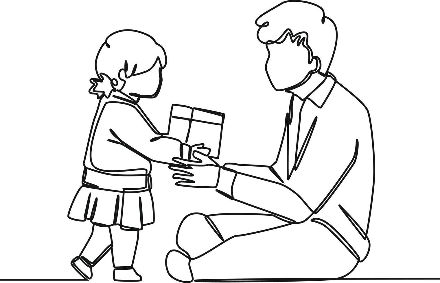 Continuous one line drawing of girl child giving present to her father. Father is superhero. Happy father's day. Single line draw design vector graphic illustration.