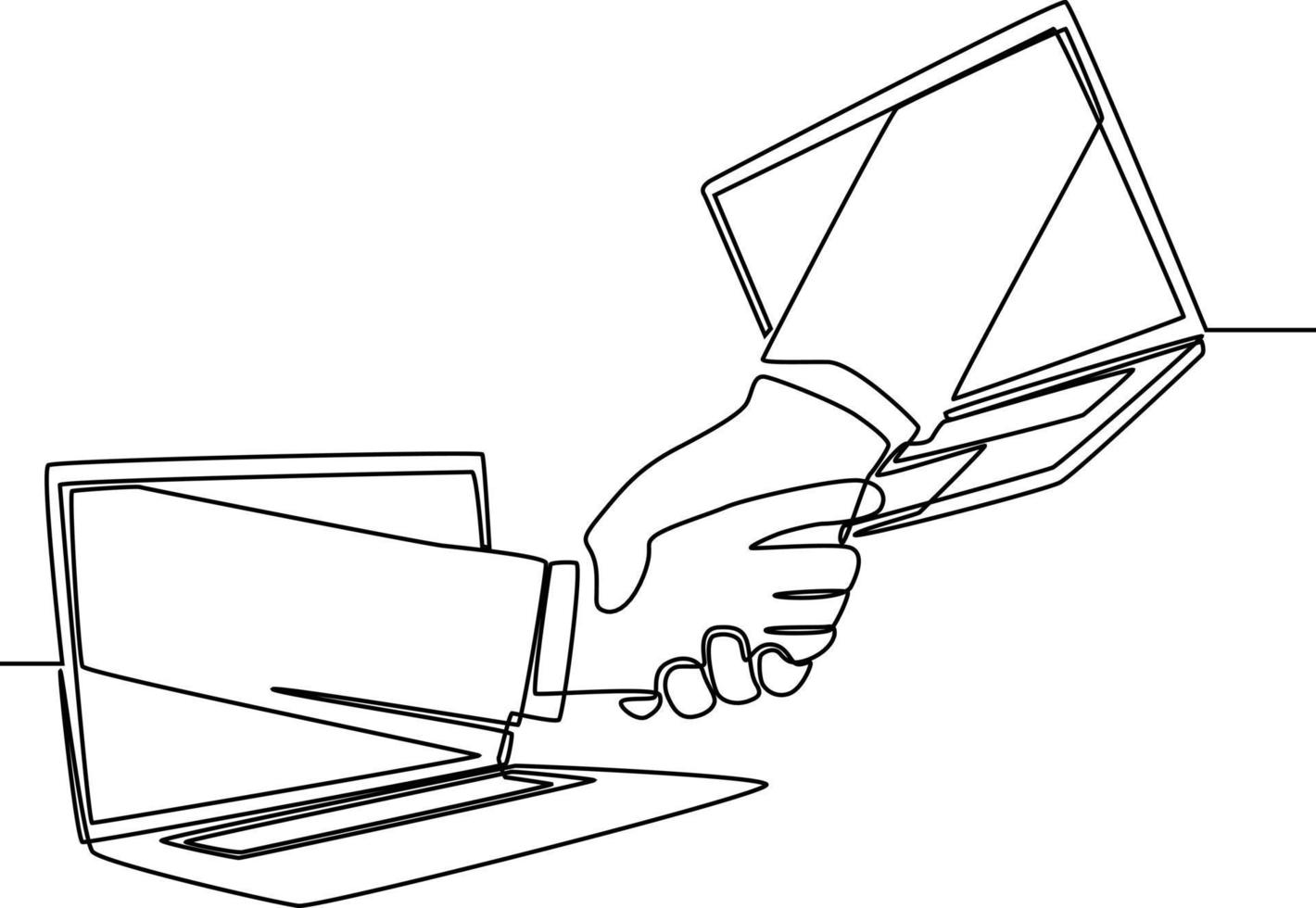 Continuous line drawing of executive men shaking hand to deal a project. Hand come out from laptop screen. Digital online transaction concept. One line drawing graphic design, vector illustration.