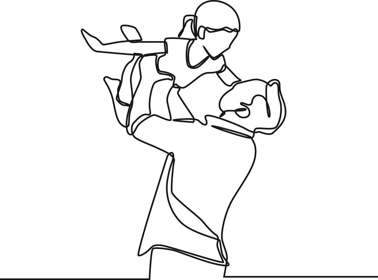 Continuous one line drawing of happy father hold up his child girl. Father is superhero. Happy father's day. Single line draw design vector graphic illustration.
