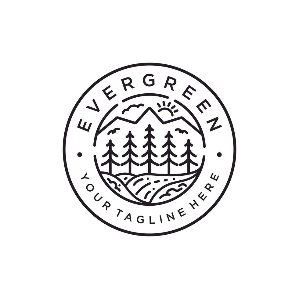 Evergreen Pine Tree Forest and Creek River for Camp Adventure Vintage Hipster Logo vector