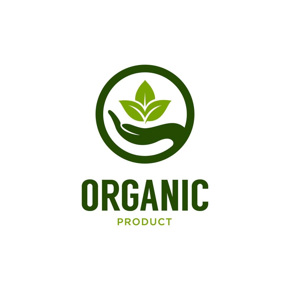 logotipo de producto orgánico natural con plantilla de diseño de mano y hoja vector