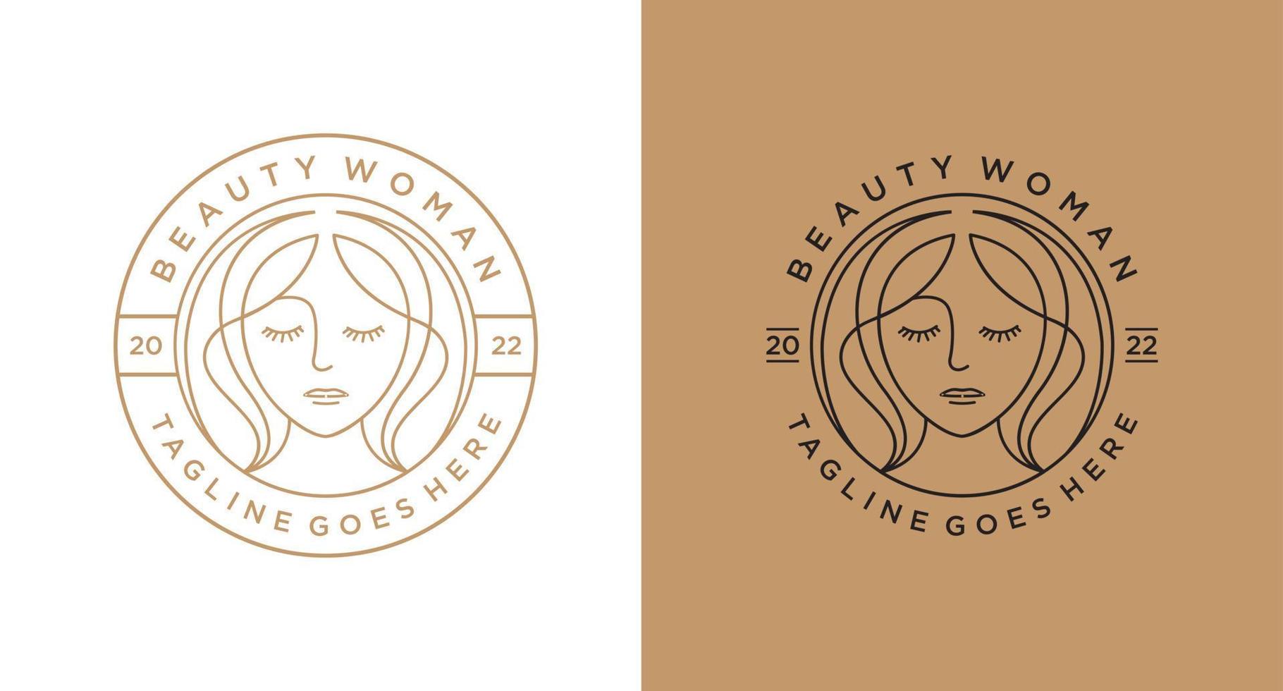 logotipo de cabello largo de mujer de belleza para salón o producto cosmético con estilo de arte lineal y vector de diseño de emblema de placa