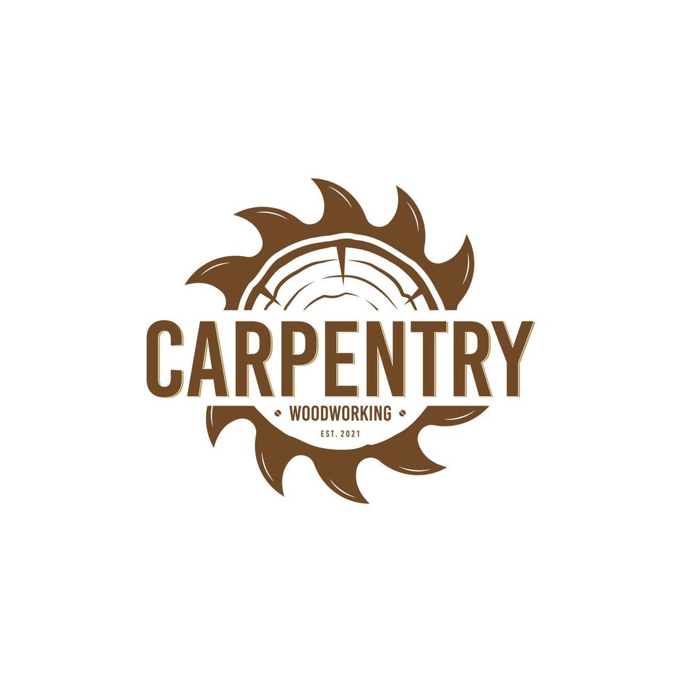 Vintage carpentry woodwork logo with saw blade and wood vector design template