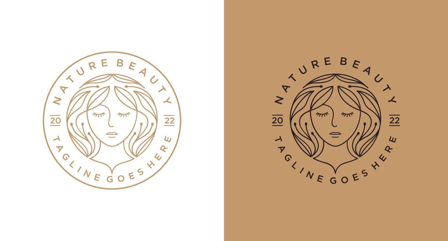 logotipo de cabello largo de mujer de belleza para salón o producto cosmético con insignia de estilo de arte de línea, diseño de emblema vector